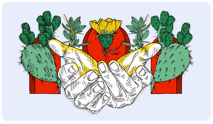 Cartoon image of hands cupped holding a cactus flower.