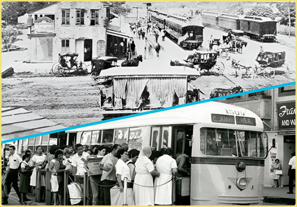 Two photos one of El Paso in 1880 with horse and buggy and one of the first street car with people getting on.